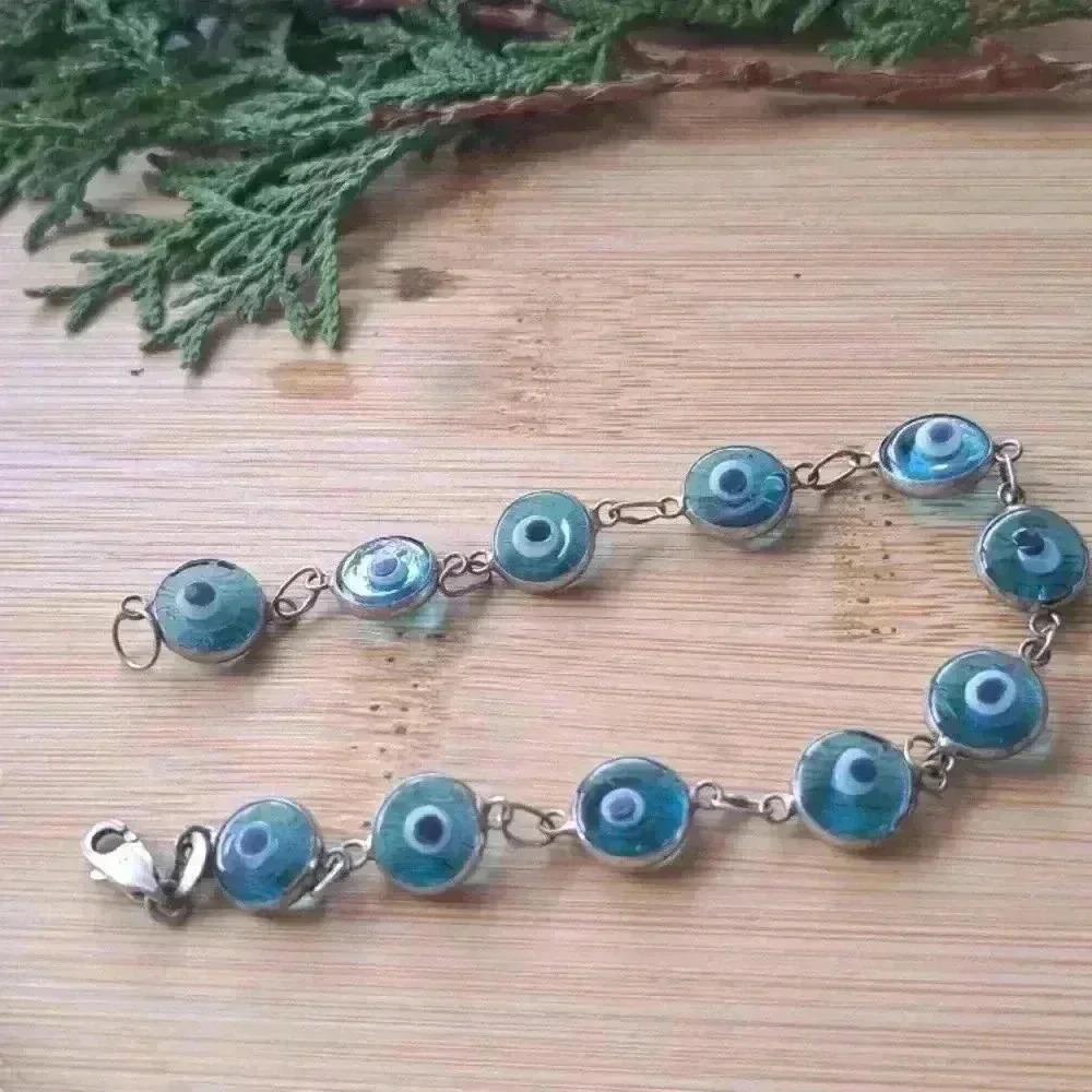 Evil eye Bracelet with Blue Beads  and Silver Connectors
